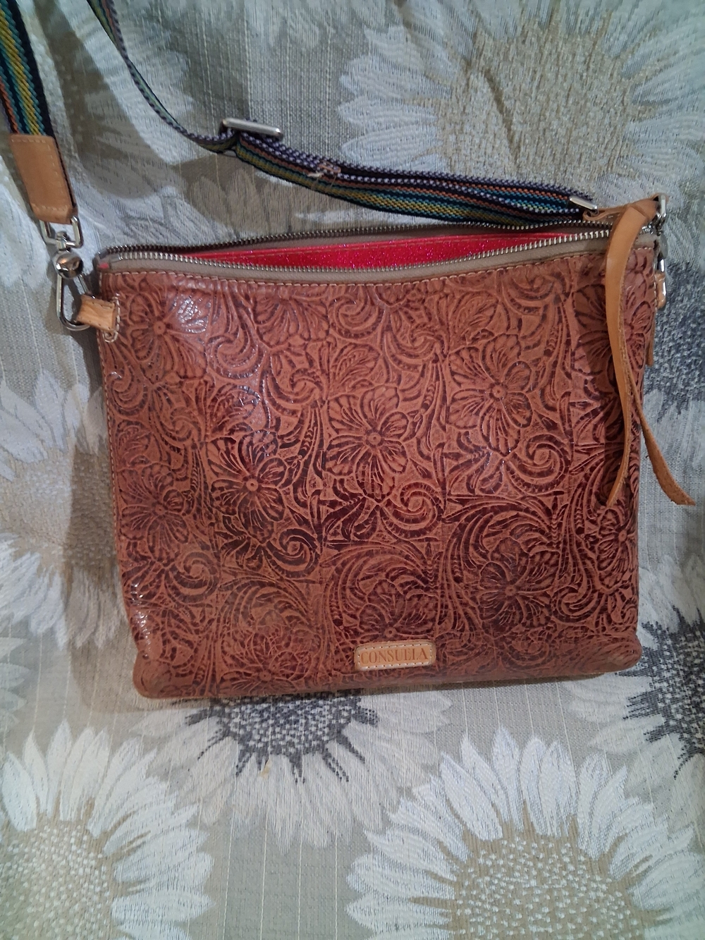 Consuela Tooled Floral Tan Leather Crossbody with Red Lining